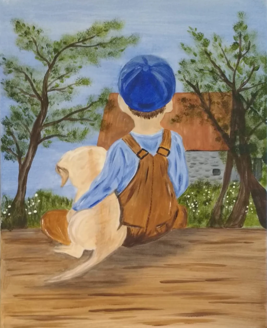Painting of boy holding a dog