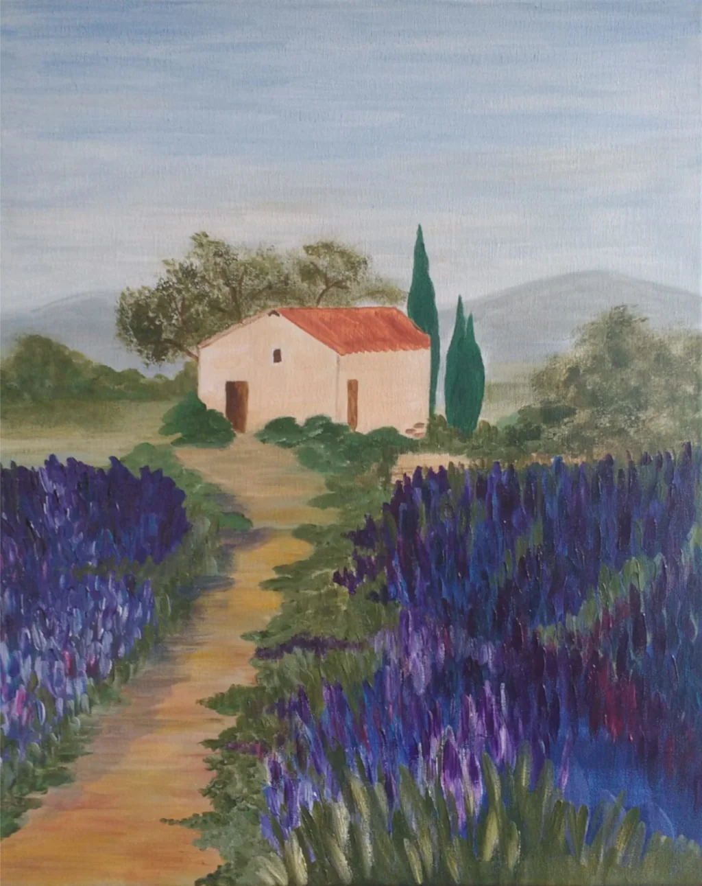 Painting of a house in the fields