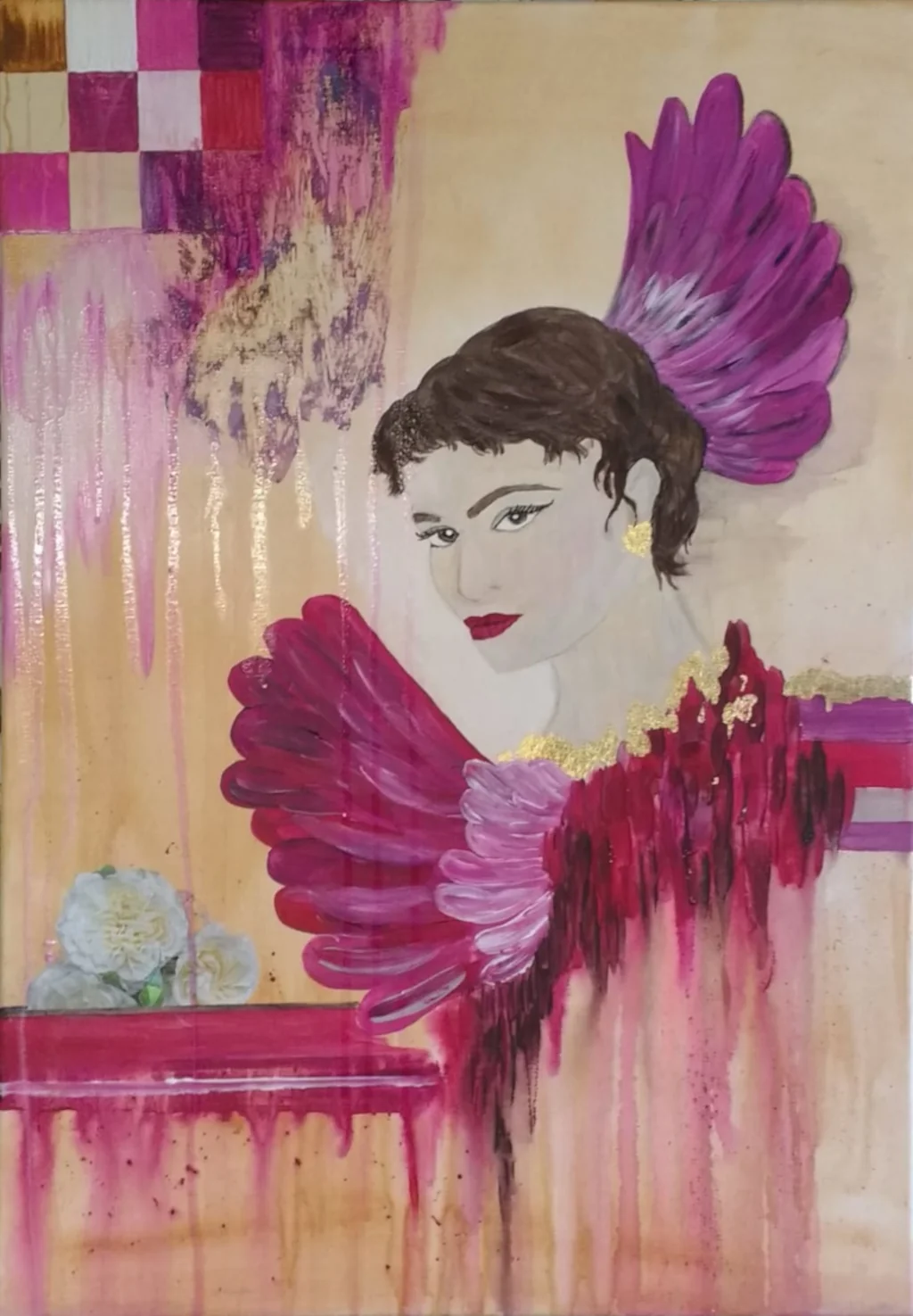 Painting of a woman with pink carnival feathers